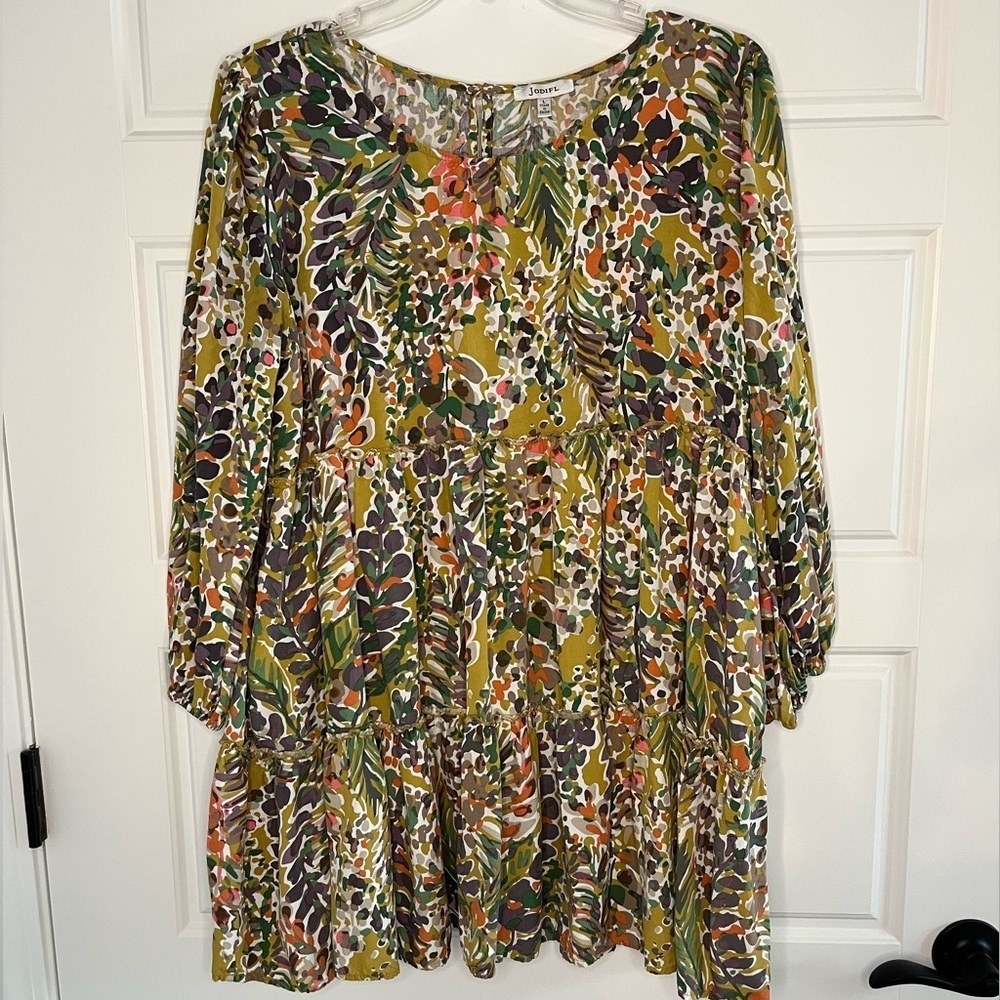 Jodifl Floral Print Long Sleeve Tiered Boho Babydoll Dress Prairie Cottagecore L